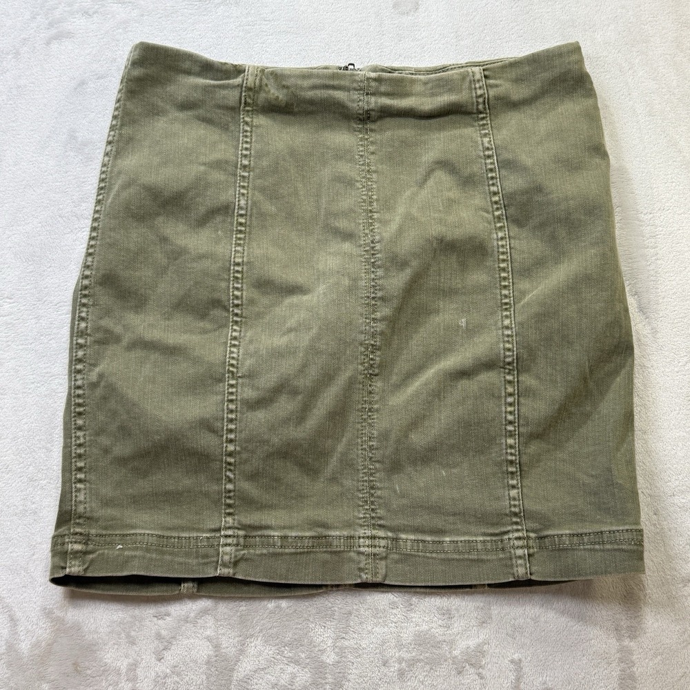 Free People Olive Stretch Denim Mini Skirt Women's Size 4 Utility Zip Back